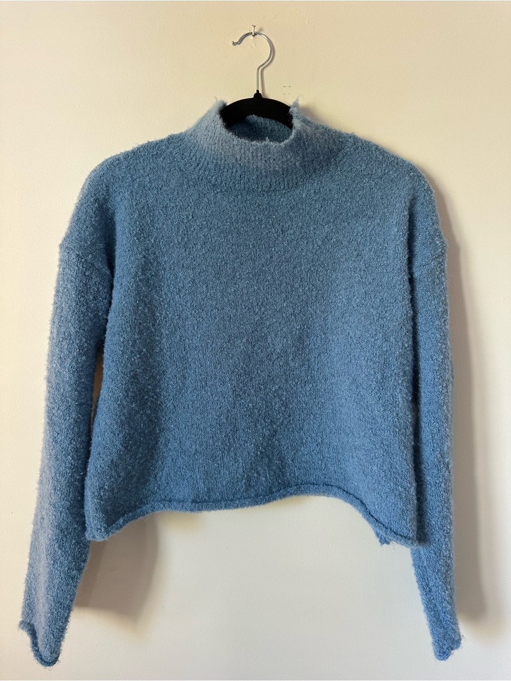 Mock Neck Fuzzy Cropped Sweater in Light Blue